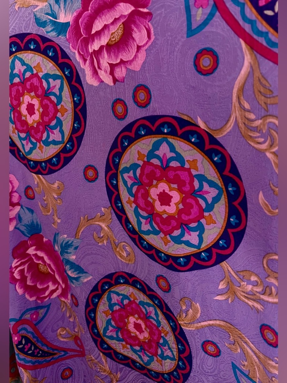 Bob Mackie Wearable Art Silk Blouse Large Purple Paisley Floral Button Front Top